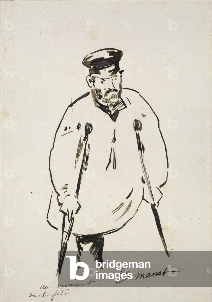 Man on Crutches (graphite with reed pen and black ink on fine-textured white paper)