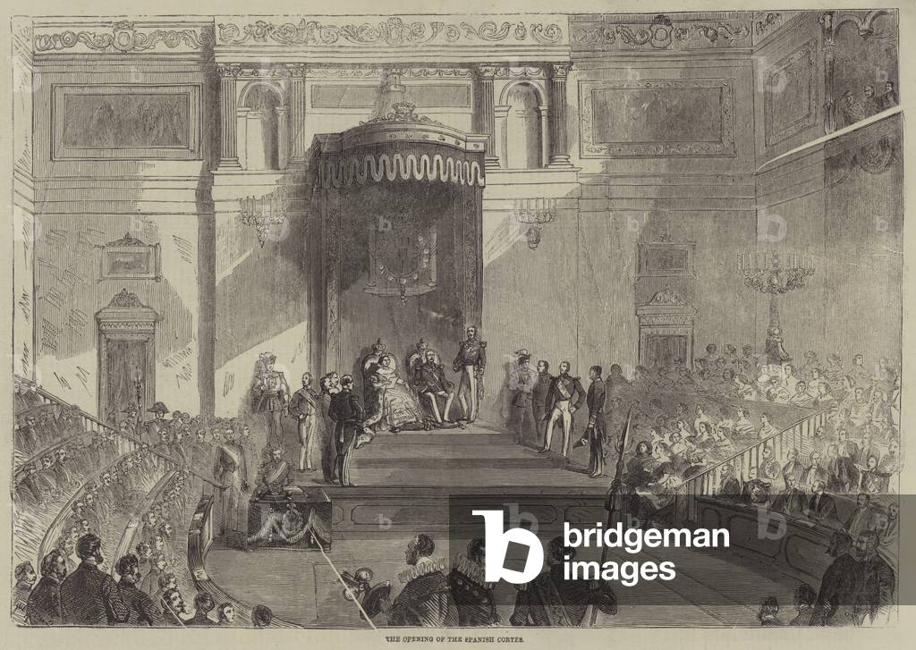 The Opening of the Spanish Cortes (engraving) by Gustave Janet, b/w