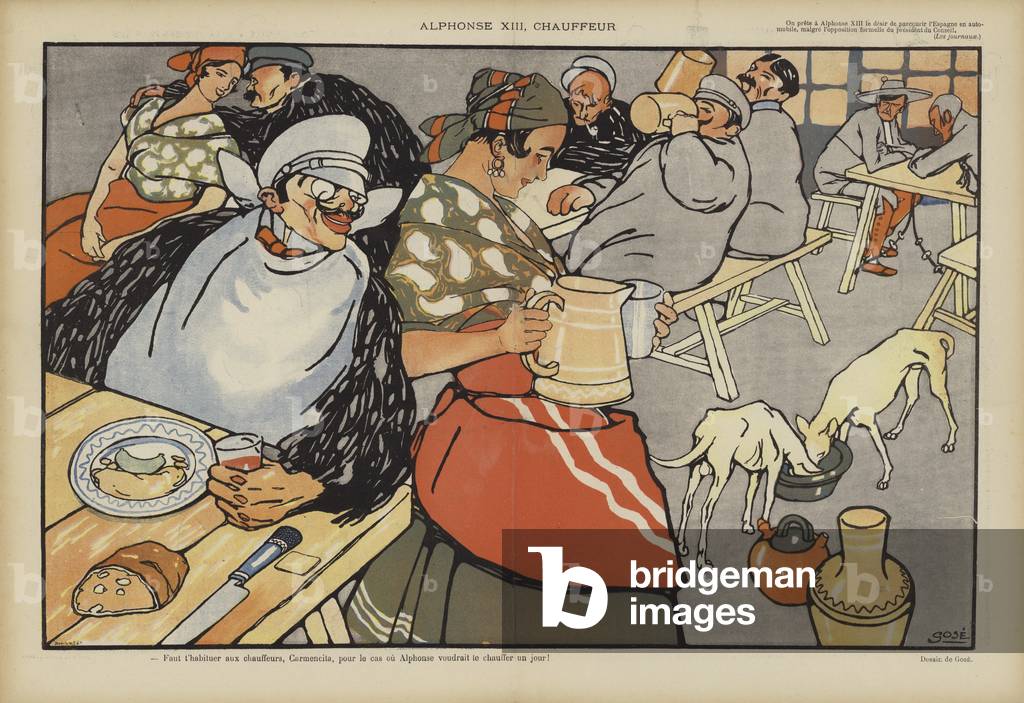 Alfonso XIII, autista. Illustrazione per Le Rire (color lito)