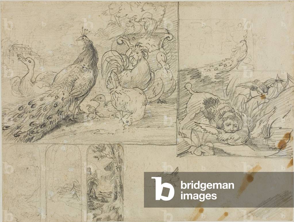 Croquis de compositions décoratives de paysages et d'animaux, 1813-1814 (graphite sur papier vélin crème, péri
