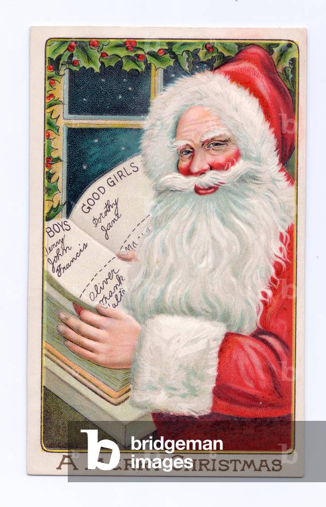 "Cartolina natalizia edoardiana di Babbo Natale leggendo un libro con nomi di ragazzi e ragazze" 1910 di Engli