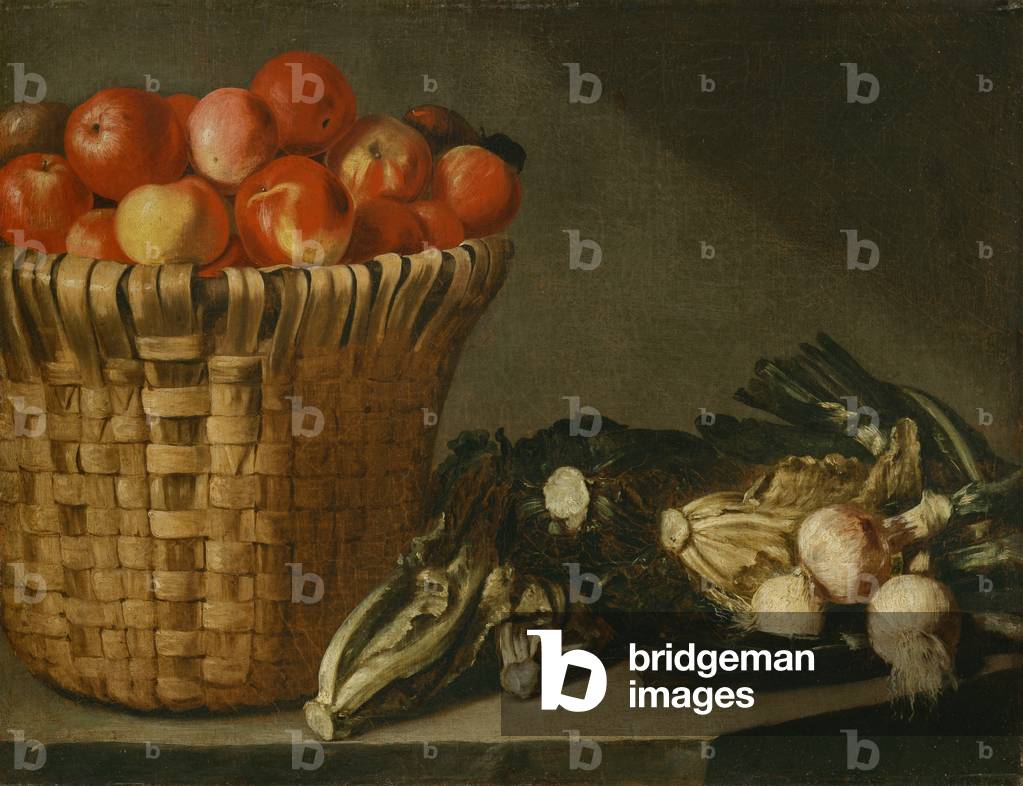 Obstkorb, Kohl, Mangold und Zwiebeln (Öl auf Leinwand)