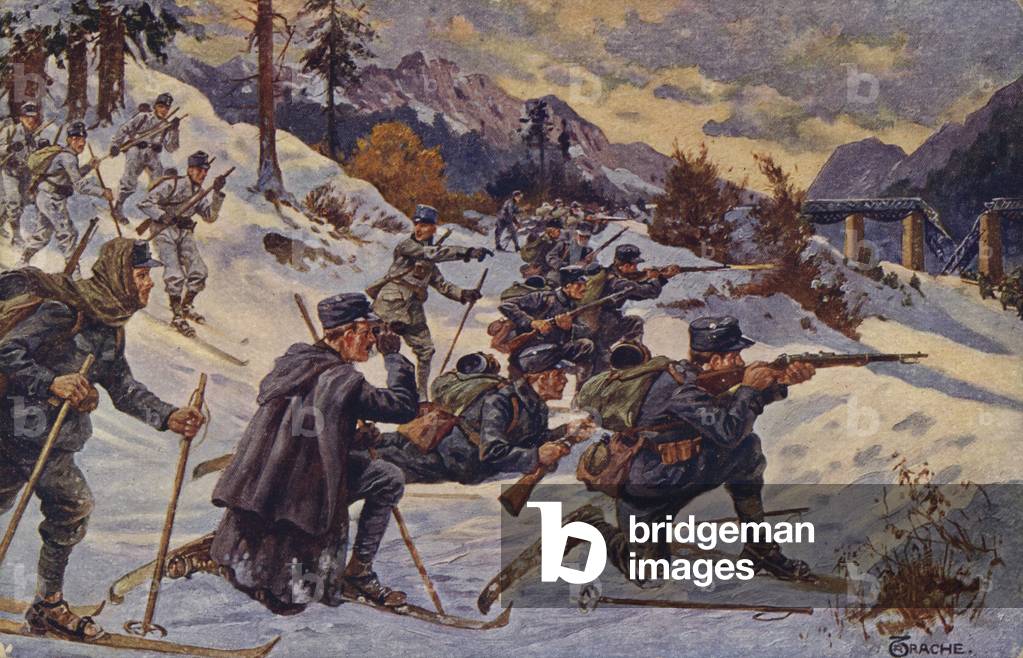 Deutsche und österreichische Skitruppen am Dukla Pass, Karpaten, Erster Weltkrieg, 1914-1915 (Farblitho)