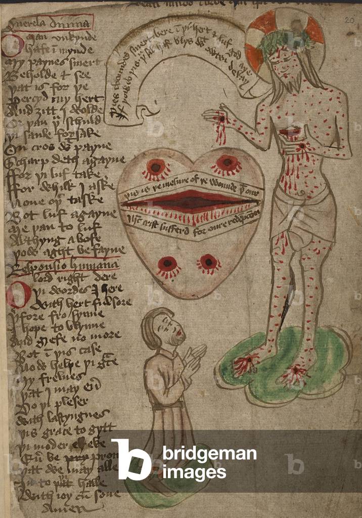 Deux poèmes, “Querela diuina” et “Responsio humana”, illustrés par un dessin des cinq blessures du Christ