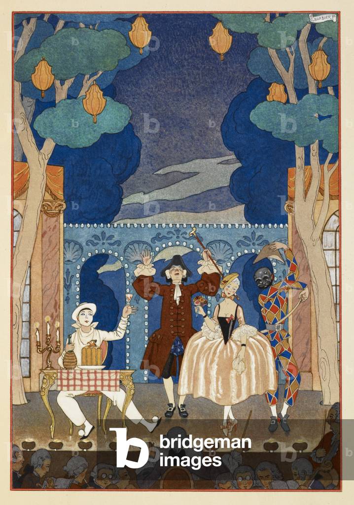 Image de Estampe représentant La pantomine. Pierrot et Harlequin. Un homme et une jolie femme. Le tout sur scè