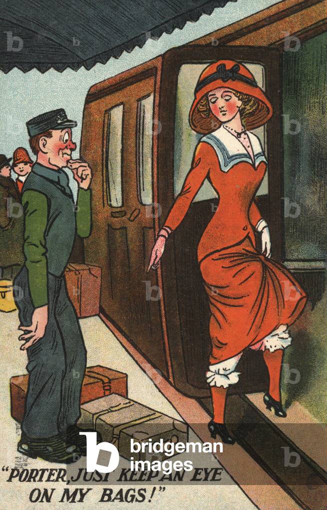 Woman talking to a station porter (colour litho)