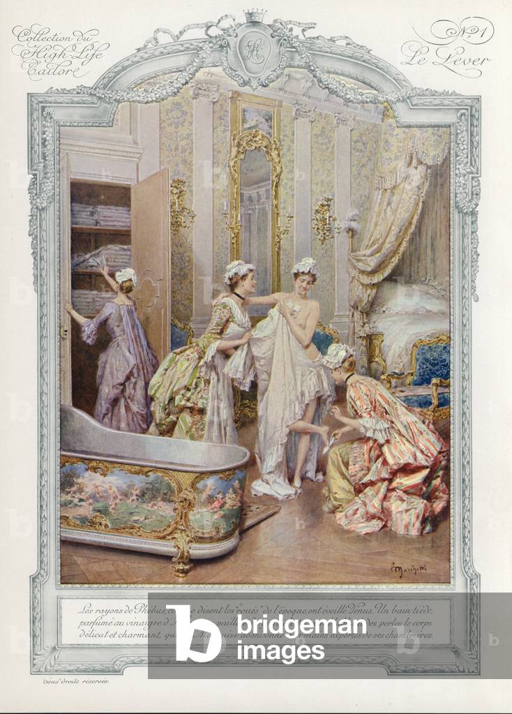 Marquise si veste dopo il bagno, XVIII secolo (lito a colori)