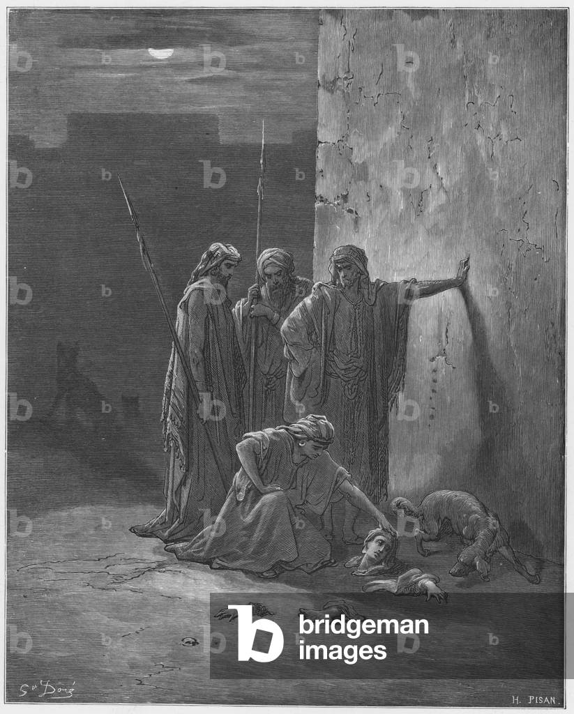 "Gustave Dore Bibel: Jehus Gefährten finden die Überreste von Isebel (Gravur)" von Gustave Dore, b/w