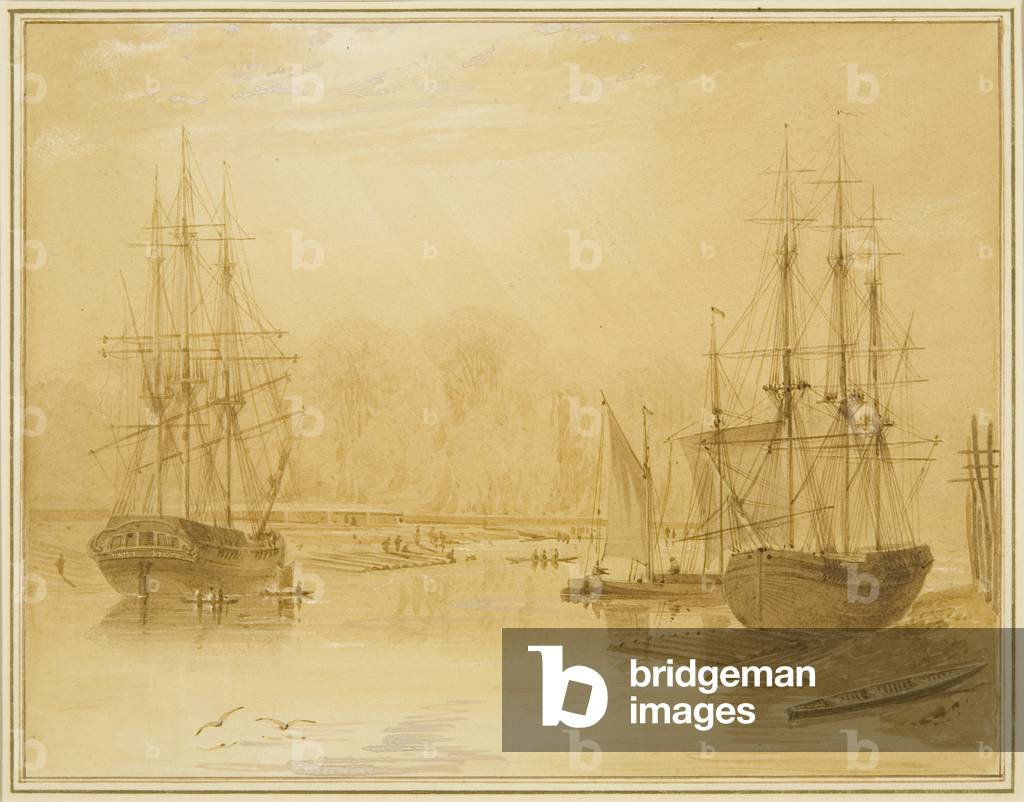 Passerella a Wapping, la nave delle Indie occidentali 'Union' a sinistra, 1826 (matita e acquerello su carta)
