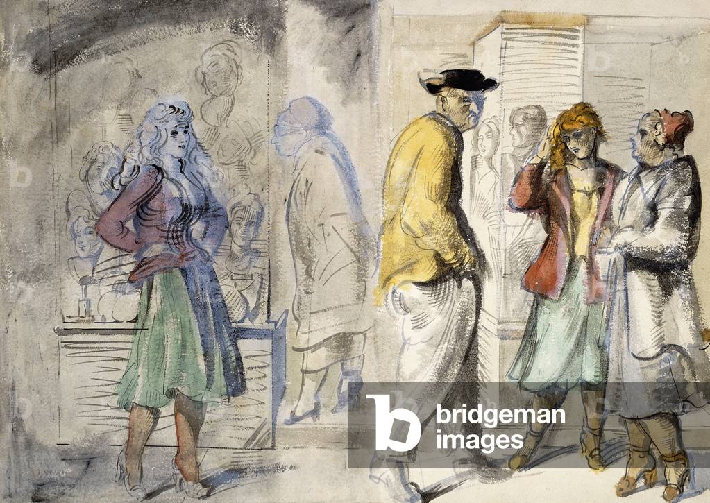 New York Street Scene: A double-sided acquerello, (pennello e nero inchiostro, inchiostro lavaggio e acquerell