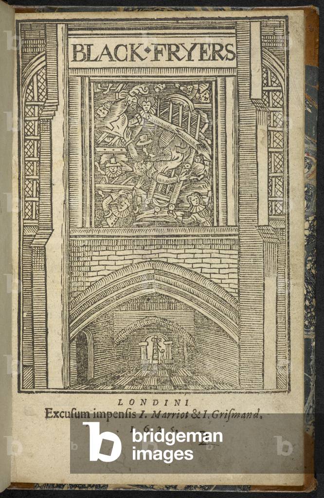 The title forms part of a wood-cut. Depicts the collapse of part of the former monastry complex in 1623; nearl
