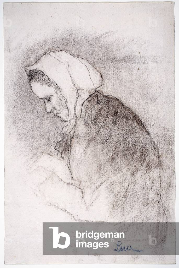 Femme avec tête Bowed (craie noire & charbon de bois sur papier) par Maximilien Luce