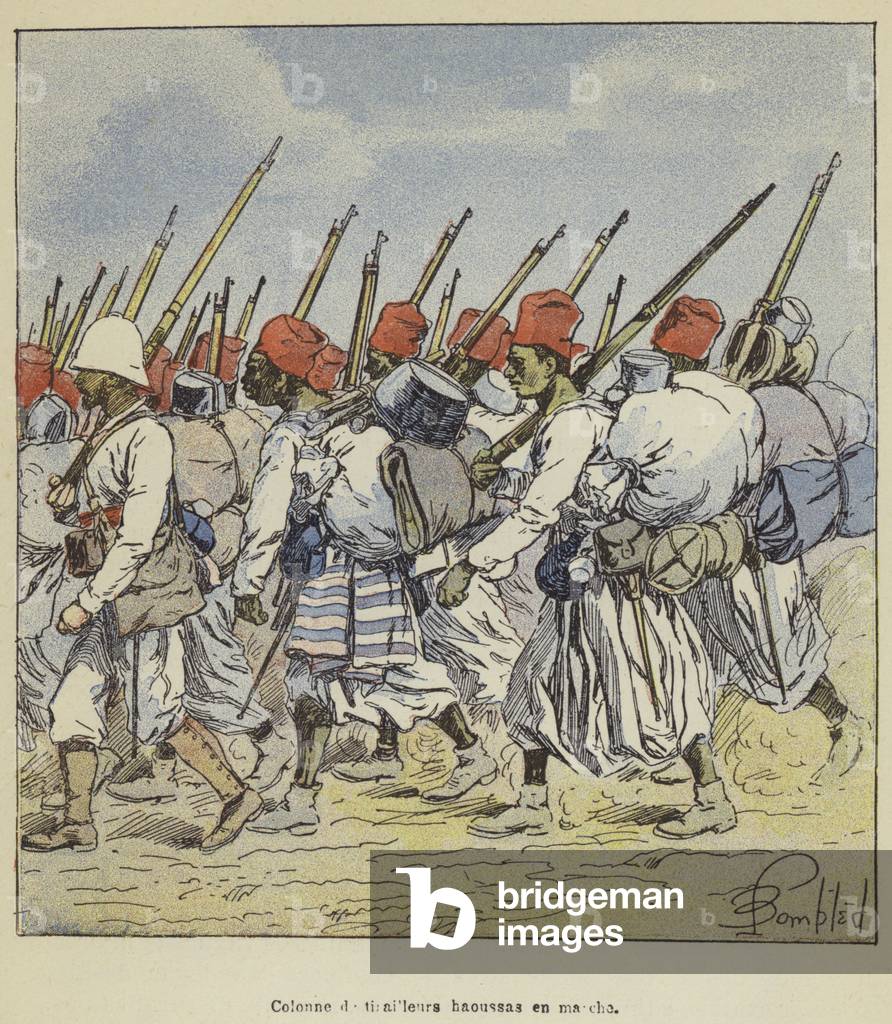 "Colonne de tirailleurs haoussas en marche (color lito)" di Louis Charles Bombled
