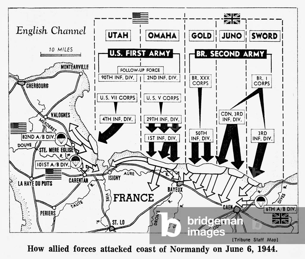 Image of D-Day, Map detailing Allies invasion of Normandy, France, 1944