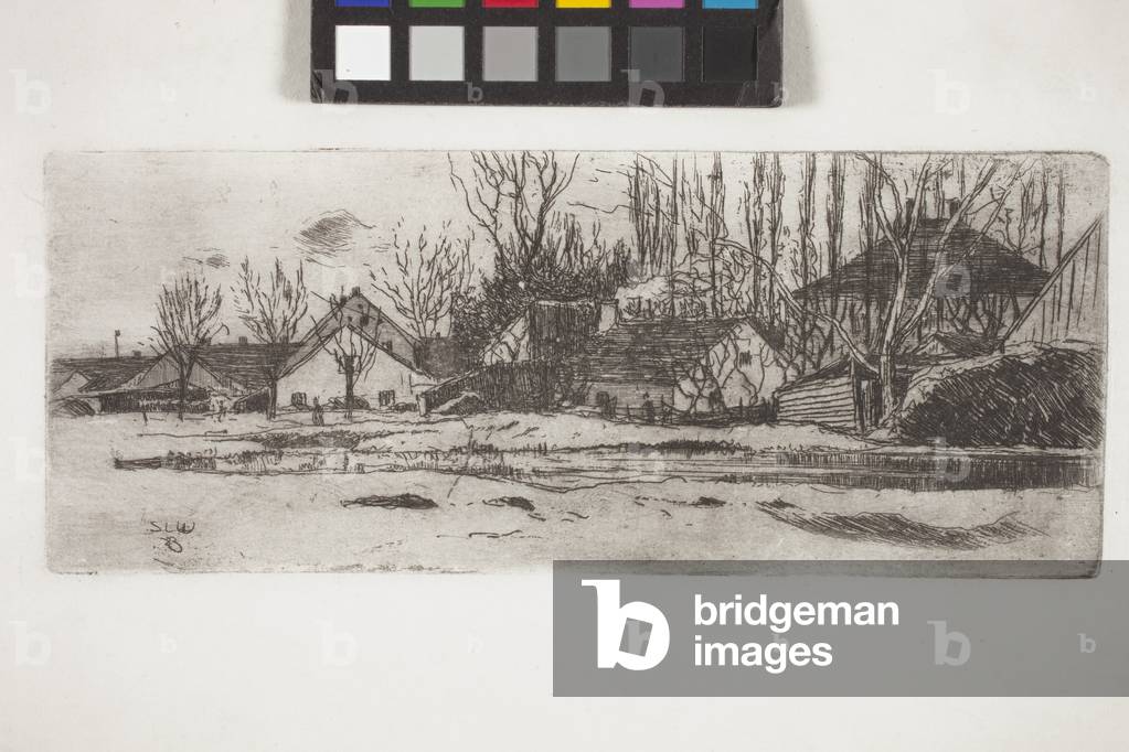 Tümpel Vor Dem Dorf Mit Pappelallee (Piscine en face d'un village avec une allée de peupliers) (gravure) 1883 
