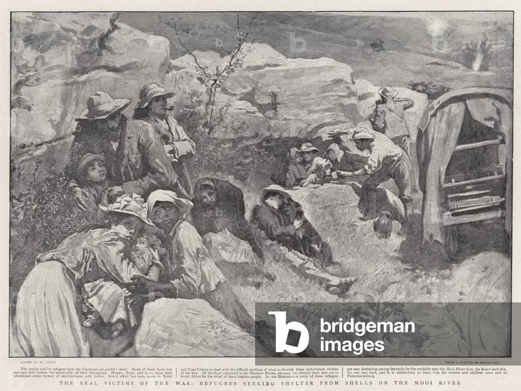 Die wirklichen Opfer des Krieges, Flüchtlinge suchen Schutz vor Muscheln auf dem Fluss Mooi (litho)