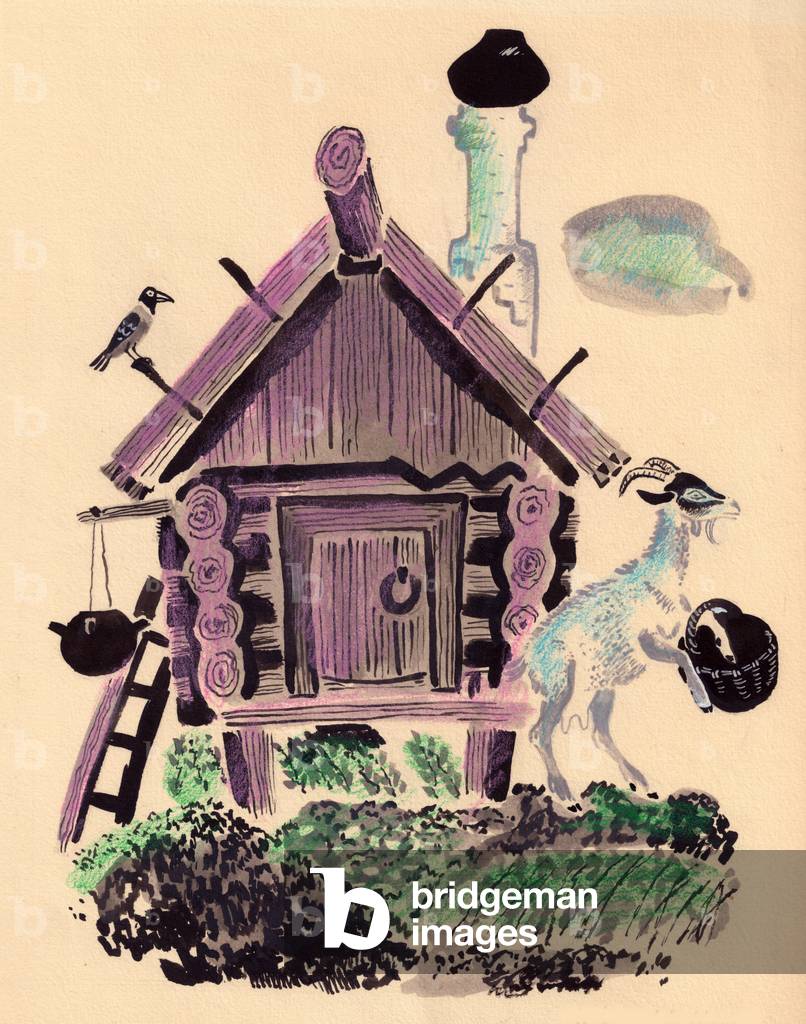Immagine di Dipinto "Illustrazione da 'The Wolf and the Seven Young Kids' (guazzo su carta)" 1965 di Marina Us