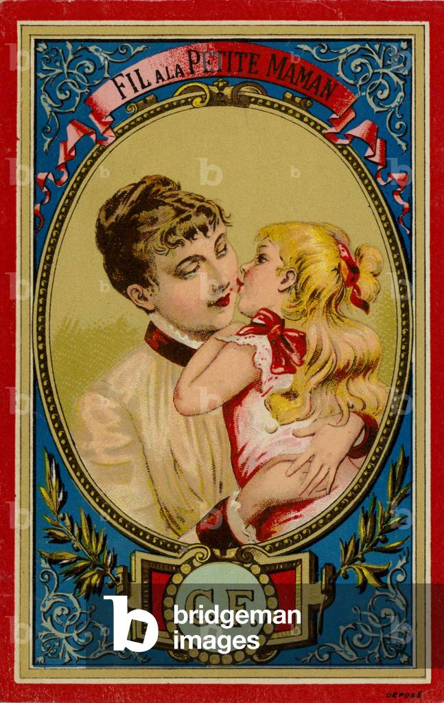 "Donna bambino coccolante (cromolito)" 1801 di French School