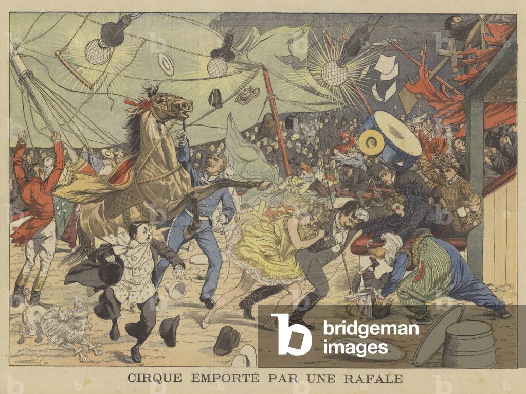 A circus tent carried away by a gust of wind (colour litho)