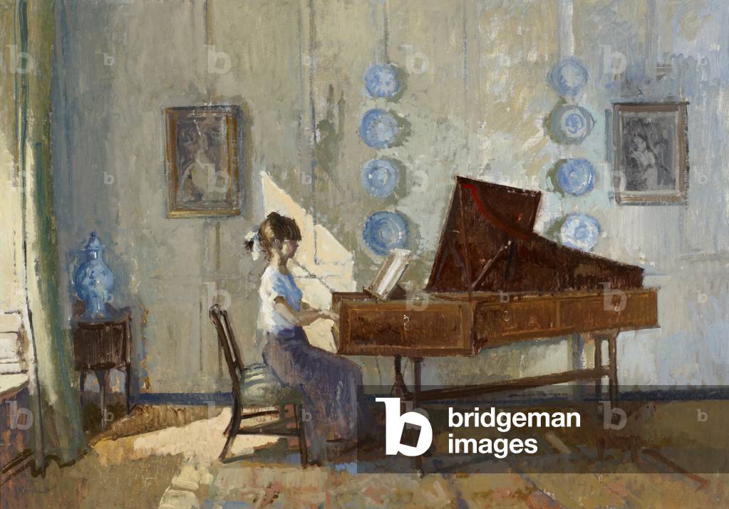 Immagine di Dipinto "Figura che gioca il clavicembalo nella stanza di porcellana blu" 1987 di Peter Kuhfeld