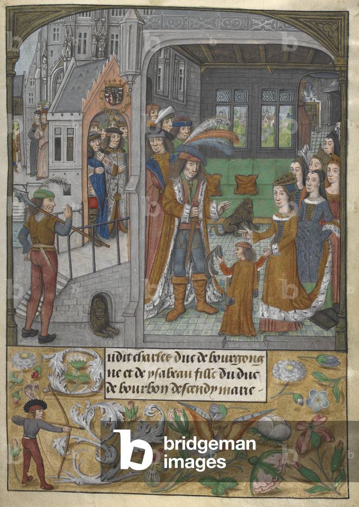 Miniatura di Massimiliano d'Austria che dà la spada di un cavaliere a suo figlio Filippo, che sta con Maria di