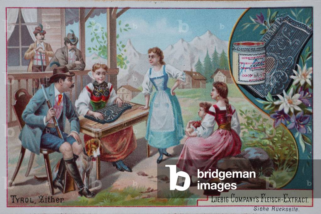 Bilderserie von Musikinstrumenten, Zither, Zittern aus Tirol, Österreich, Liebig-Bild