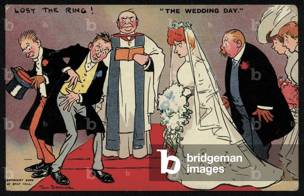 Sposo e testimone incapace di trovare l'anello ad un matrimonio (chromolitho)