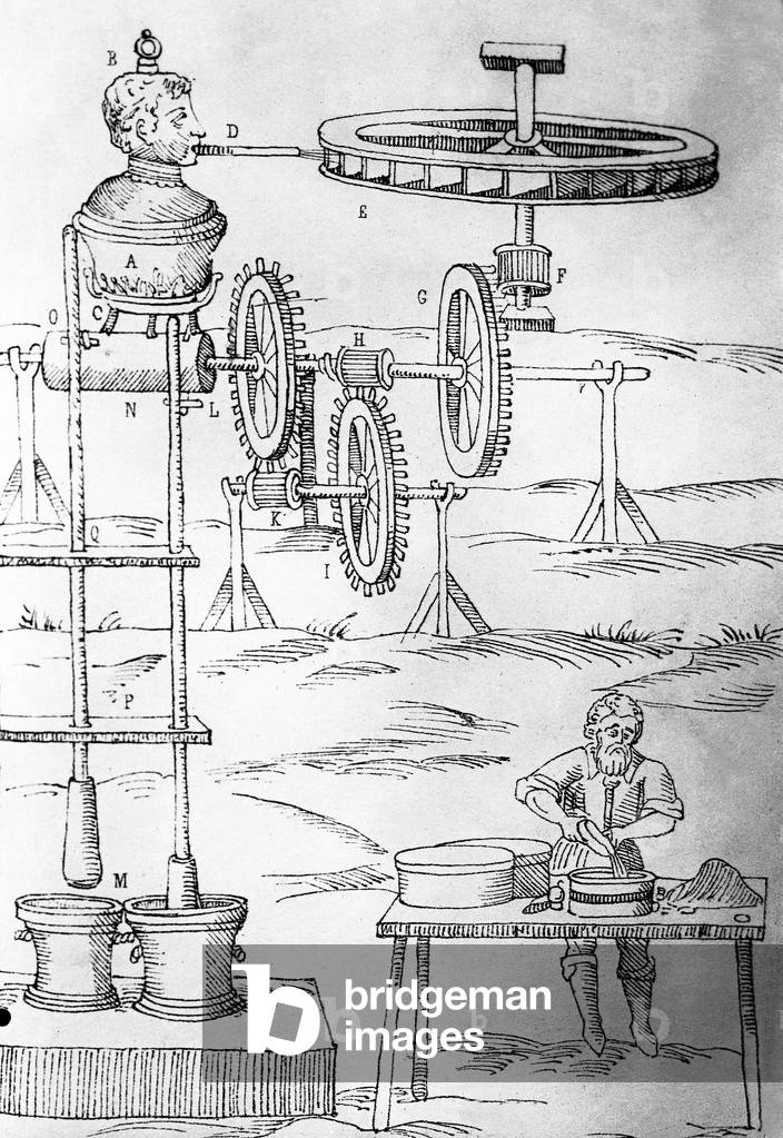 machine avec pilon déplacé à la vapeur inventée par Denis Papin (1647-1714) Scientifique français 1601, b/w