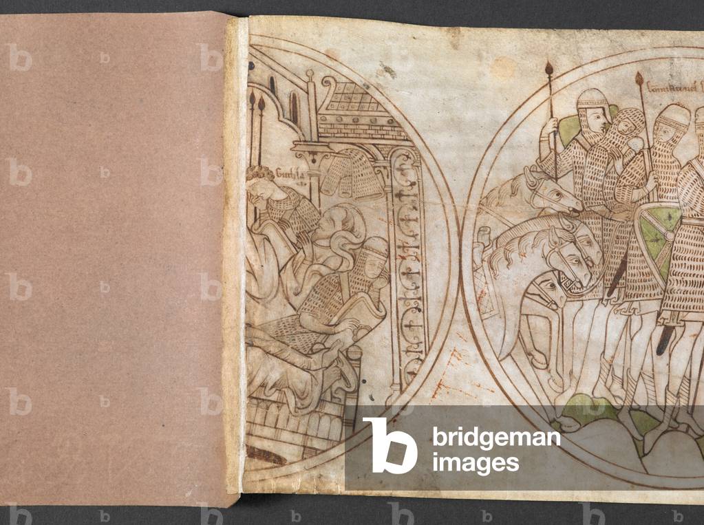 Harley Roll Y 6, Roundel 1, Half Roundel von St Guthlac beschließt, sich dem religiösen Leben zu widmen, mit d