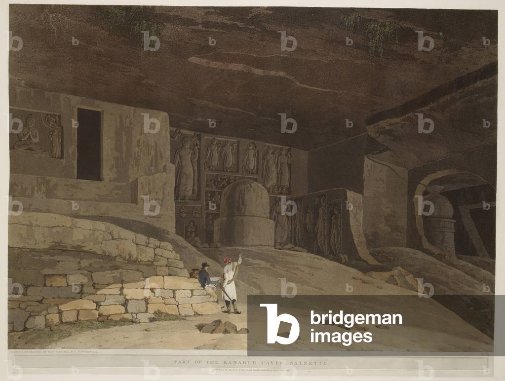 Teil der Kanaree-Höhlen, Salsette. Der Eingang zu den Kanheri-Höhlen auf der Insel Salsette; Figuren im Vorder