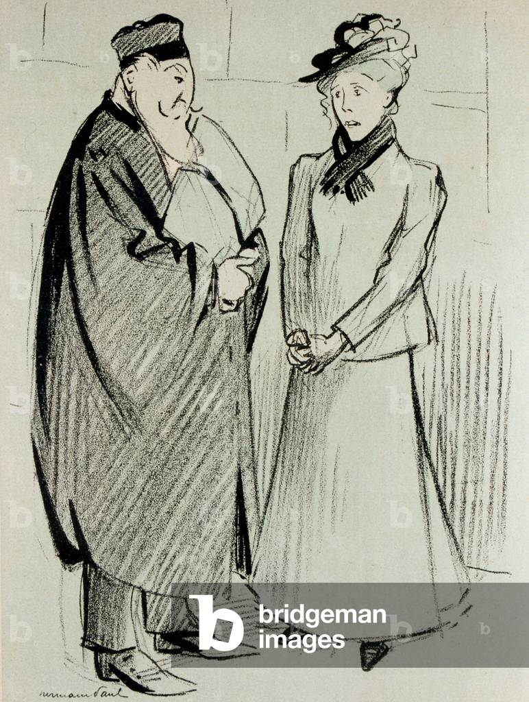 Karikatur in L'Assiette du Beurre, 1906, zeigt einen Anwalt und eine Frau im Gespräch