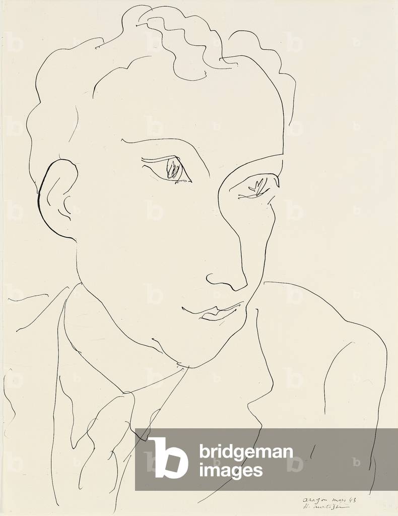 Bild von Zeichnung "Porträt von Louis Aragon", 1943 von Henri Matisse, b/w
