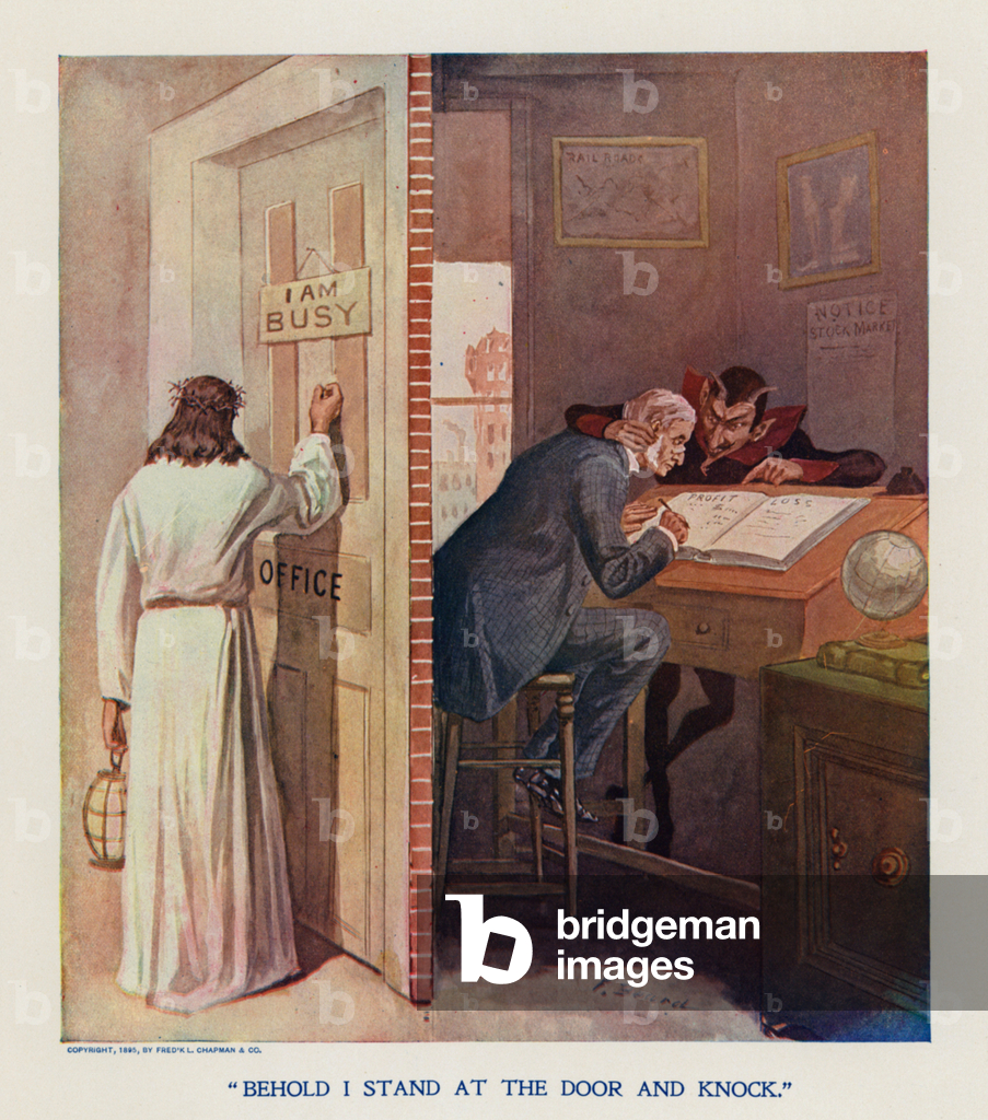 Image of Print depicting Knock! Knock! Knock! (colour litho) 1801 by Frank Beard