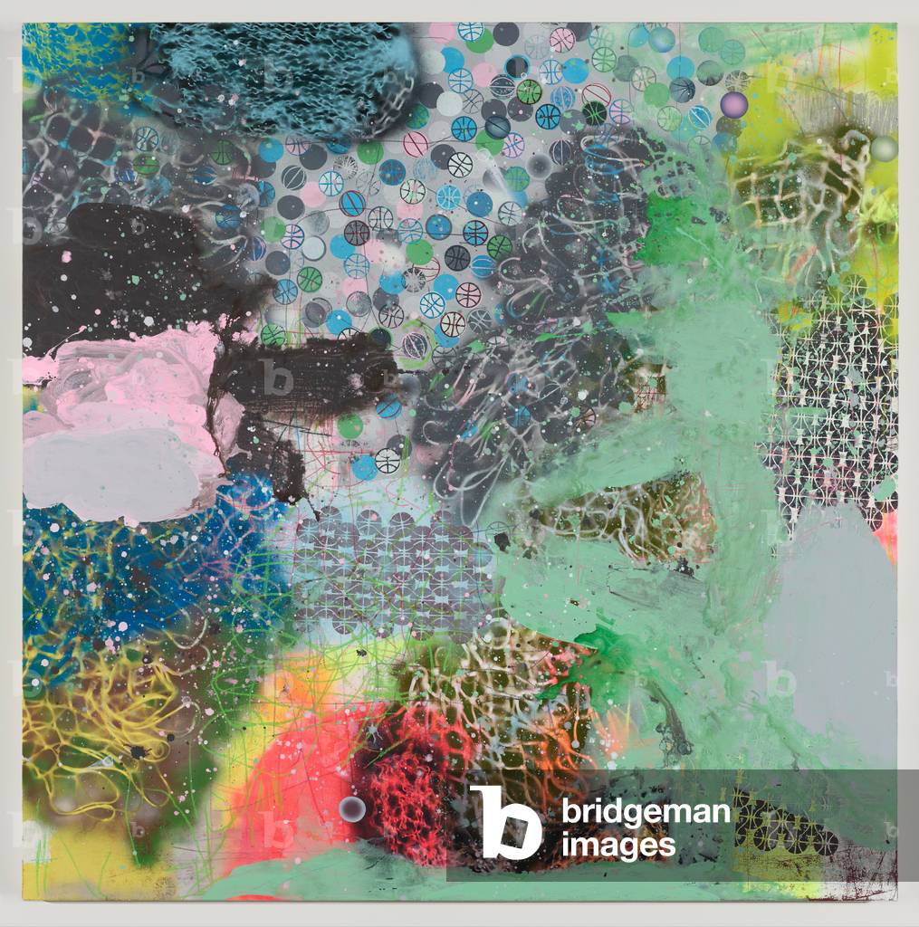 Double Jump, 2014 (Acryl, Öl, Sprühfarbe, Glitzer, Buntstift auf Leinwand)