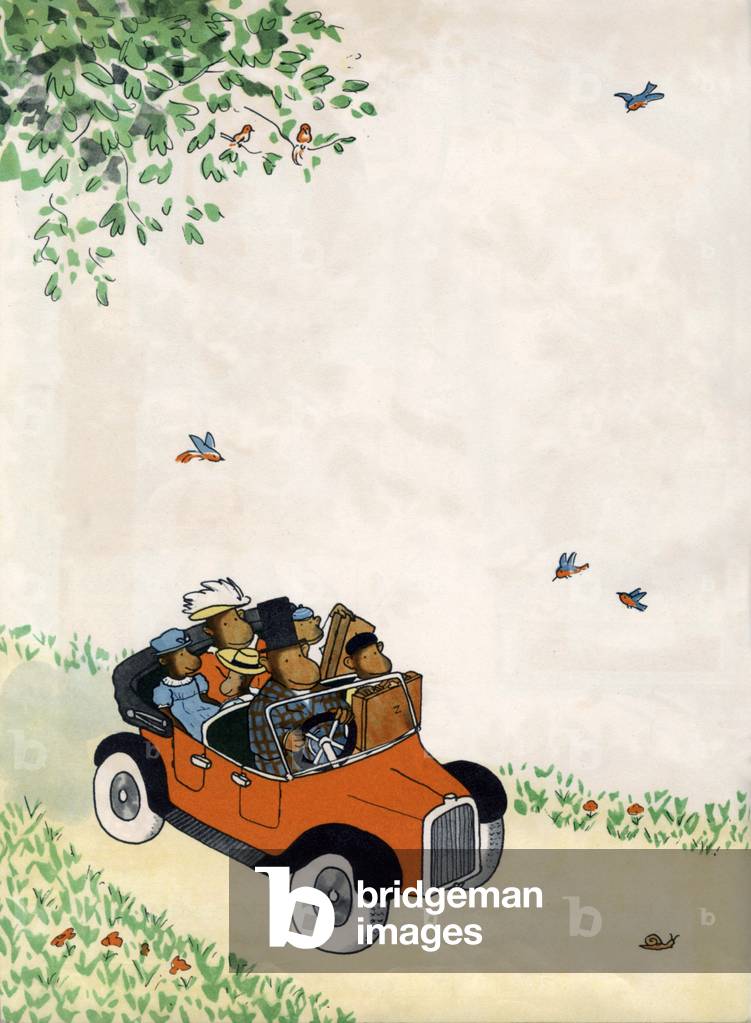 Zephir (kleiner Affe) und seine Familie im Auto, 1936 (Illustration)