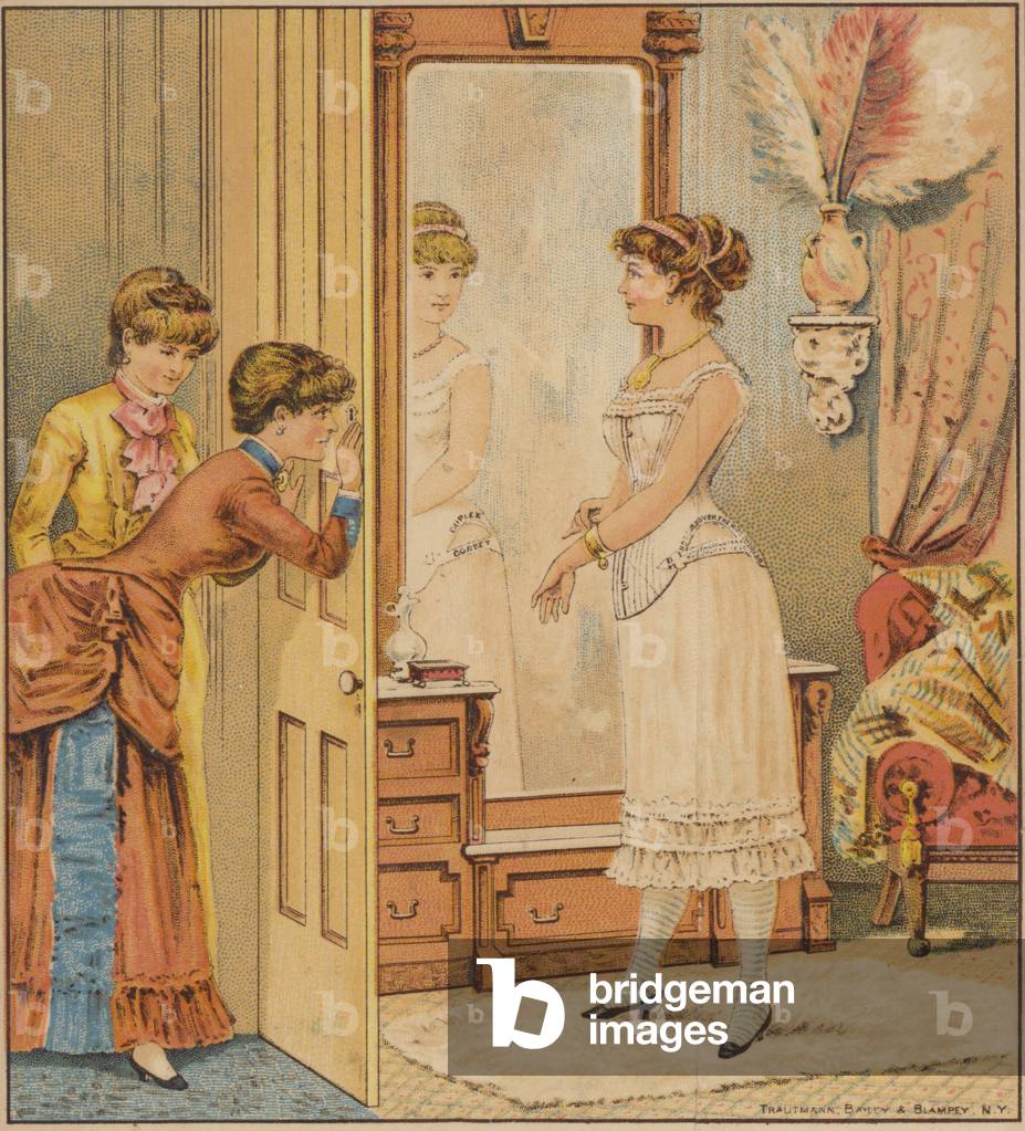 "signora ammirando riflessione in specchio indossare sotto indumenti cromolito" 1801 di American School