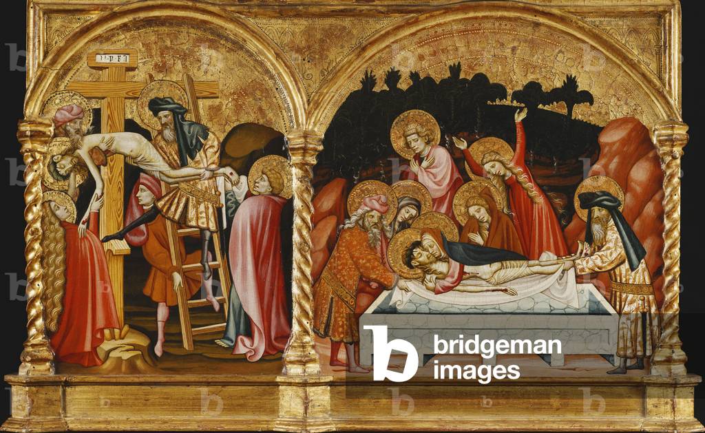 "la discesa dal croce e il sepoltura - una sezione di un Predella (tempera su oro pannello di terra)" di Maste