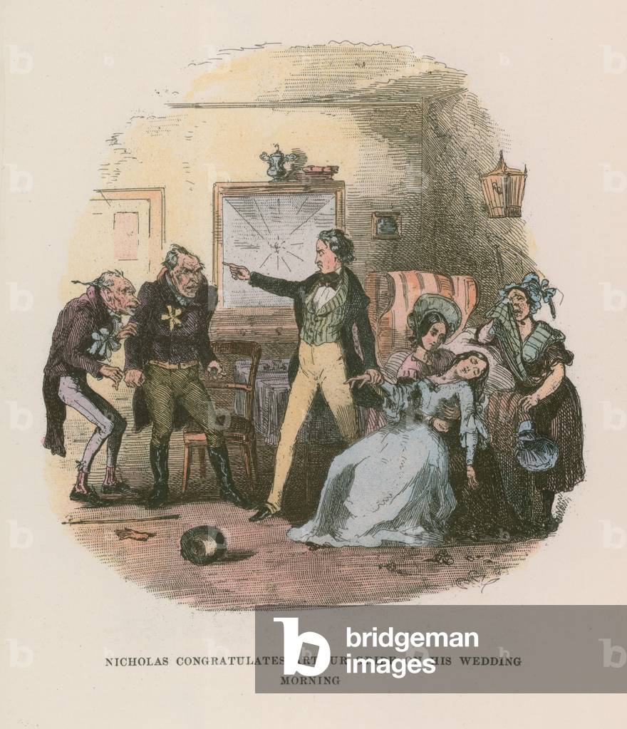 Image of Print depicting Illustration for Nicholas Nickleby (colour litho) by Hablot Knight Browne