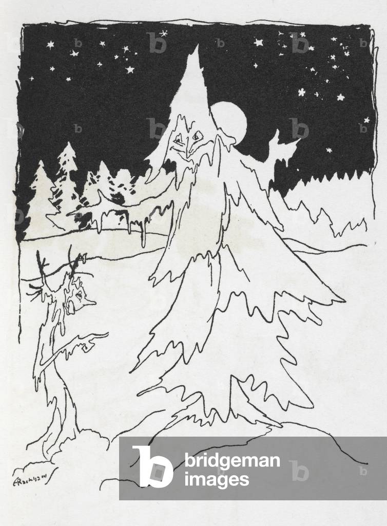 due alberi-men contro un nevoso bosco