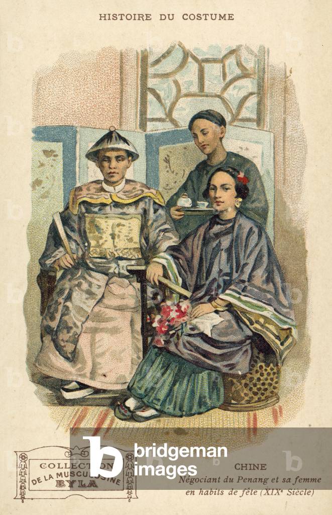 Chinesischer Kaufmann von Penang und seine Frau in Festkleid, 19. Jahrhundert (chromolitho)