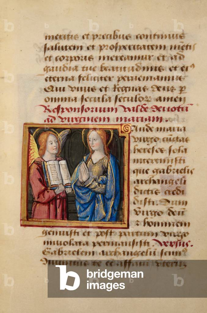 Ms 45 fol.10r Die Verkündigung, von Preces Variae, um 1500 (Gouache & Körperfarbe auf Vellum)