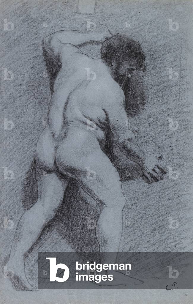 Studio di un nudo maschile in posa contro un muro, visto di profilo, rivolto a destra (carboncino con innalzam