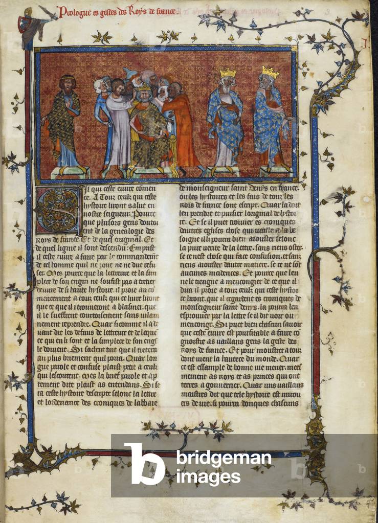 Miniatur der Krönung des Pharamond, eines legendären Königs der Franken, mit einem heidnischen Herzog, der ein