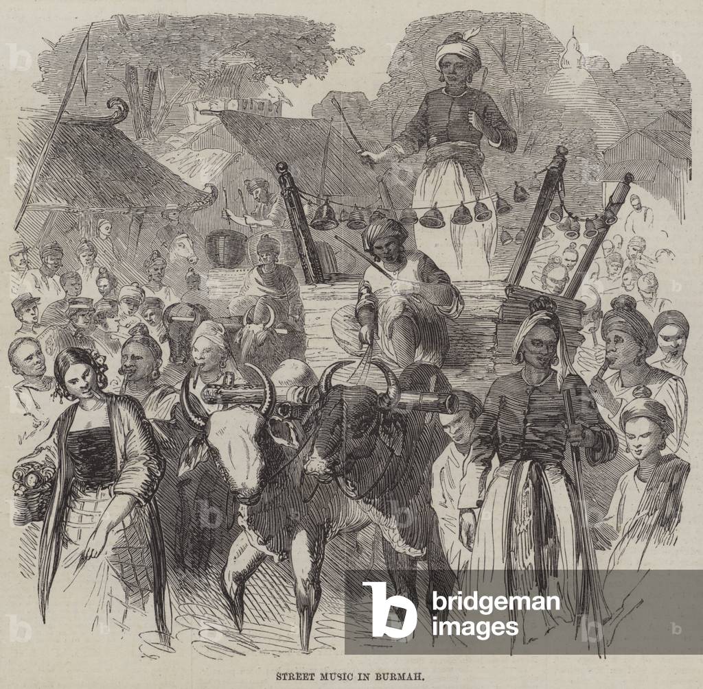 Musique de rue en Burmah (gravure) par English School, b/w