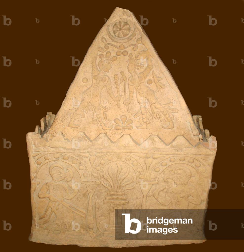 Uzbekistan: The Sogdian Molla Kurgan ossuary (a container for human bones); the lower section shows two Zoroas