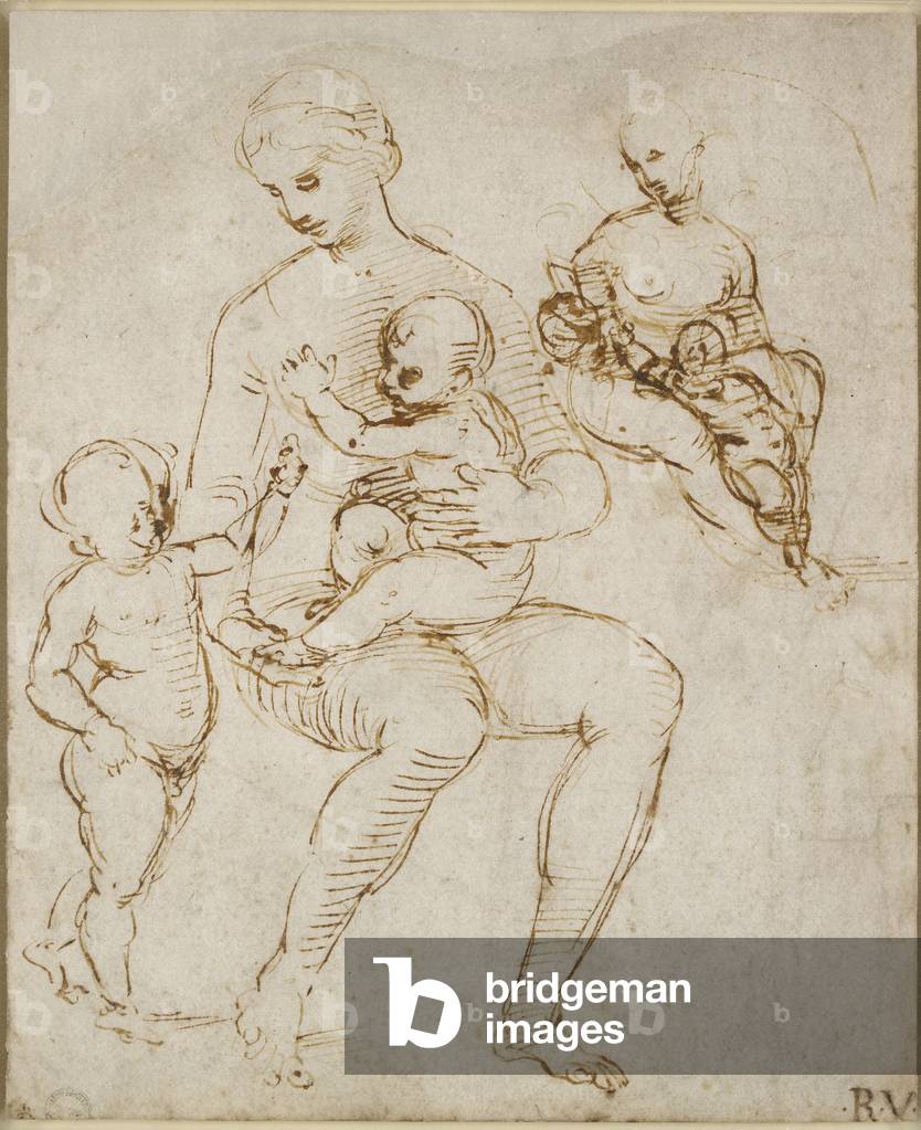 "Recto: Two Studies for a Virgin and Child with St John (The Madonna del Cardellino)" von Raphael, b/w