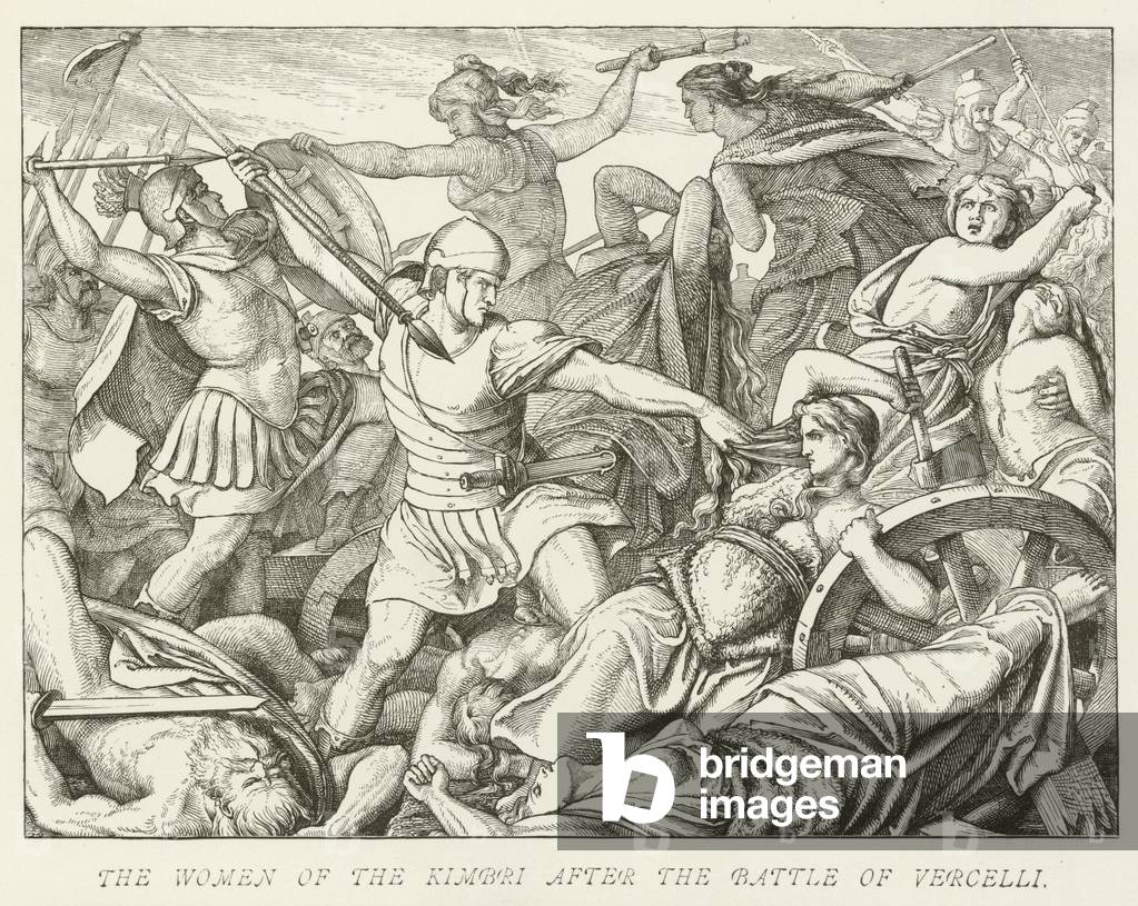 "Die Frau der Kimbri nach der Schlacht von Vercelli (Gravur)" von German School, b/w