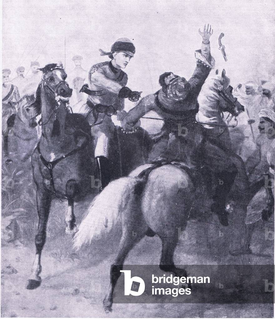 Eine Kavallerie-Begegnung außerhalb von Lucknow, Illustration von “British Battles on Land and Sea”, 1915 (lit