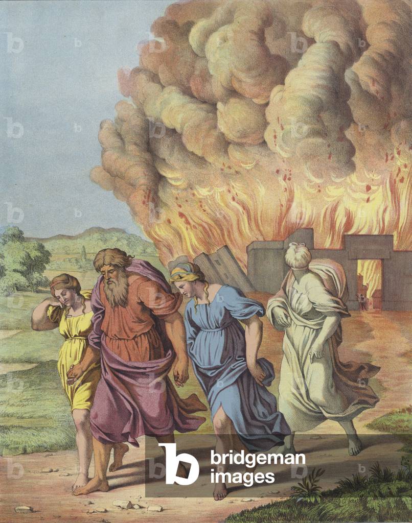 "Lot und seine Familie fliehen vor der Zerstörung von Sodom (Farblitho)" 1801 von Etienne Antoine Eugene Ronja