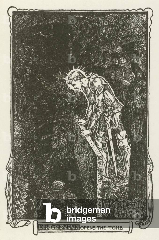 "Sir Galahad öffnet das Grab (Gravur)" von Henry Justice Ford, b/w